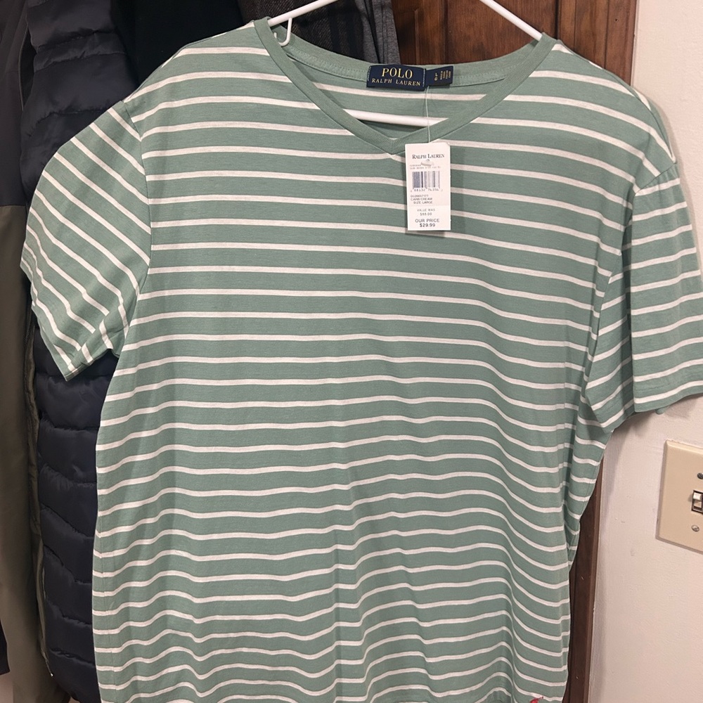 Polo Ralph Lauren green and white striped v neck t-shirt
